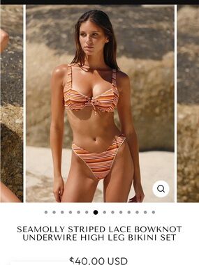 Seamolly Striped Lace Bowknot Underwire Bikini Set - Orange Stripe